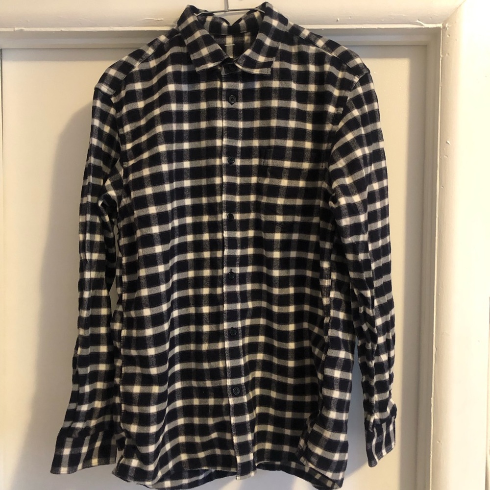 ❤️Muji Flannel Plaid Checkered Button Down Shirt Navy White Size M